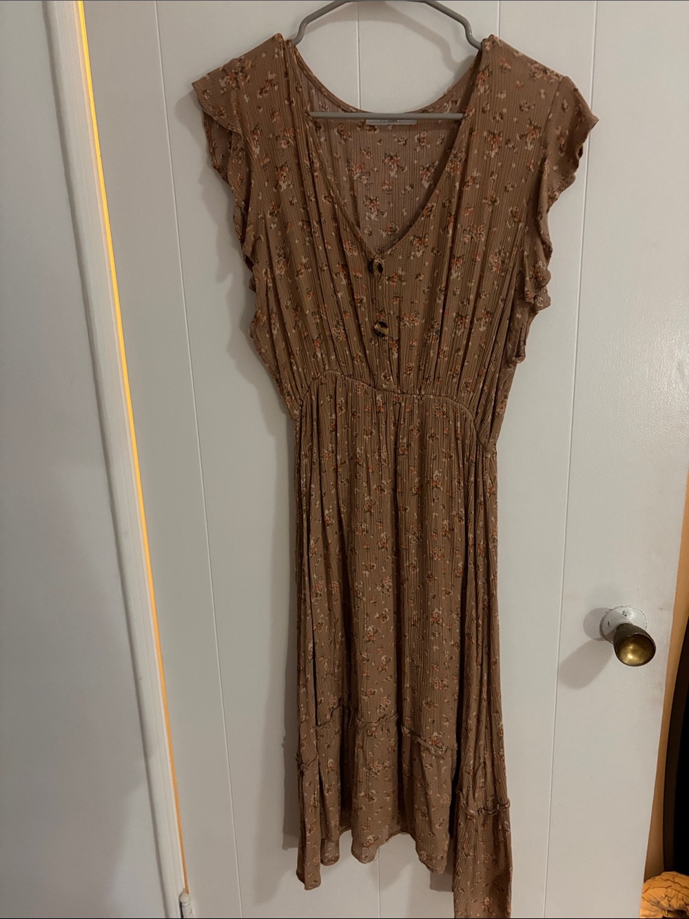 Brown Floral Midi Dress with Button Front and Ruffle Sleeves